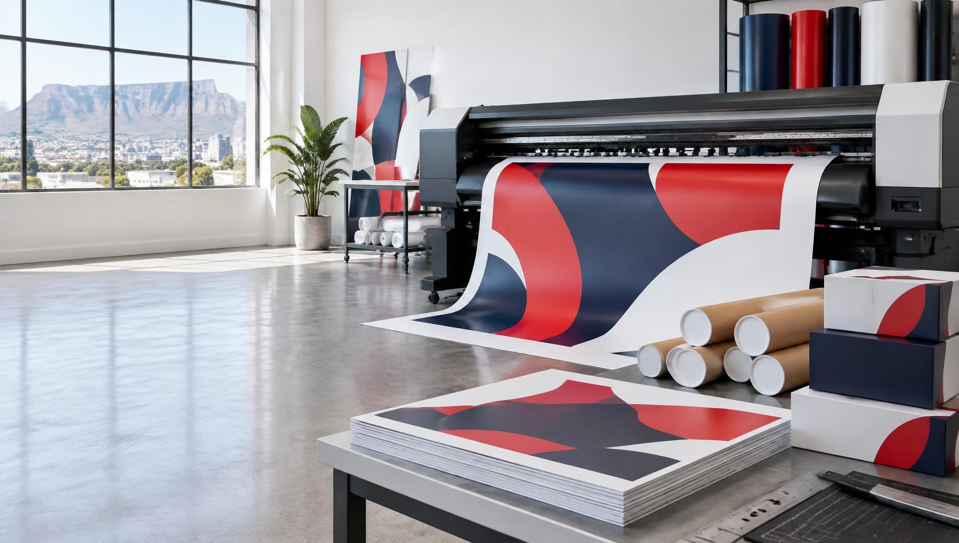 Large-format print production in a modern branding studio